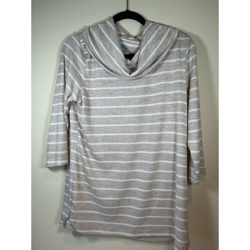 Croft & Barrow Beige & White Stripped Cowl Neck Soft Shirt Size Medium